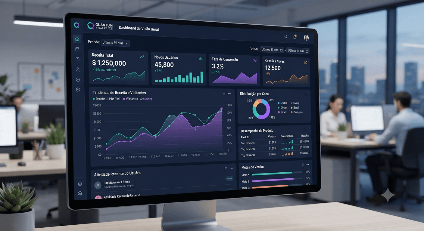 Dashboard Quantum Analytics — painel com KPIs, gráficos de receita, distribuição por canal e metas de vendas