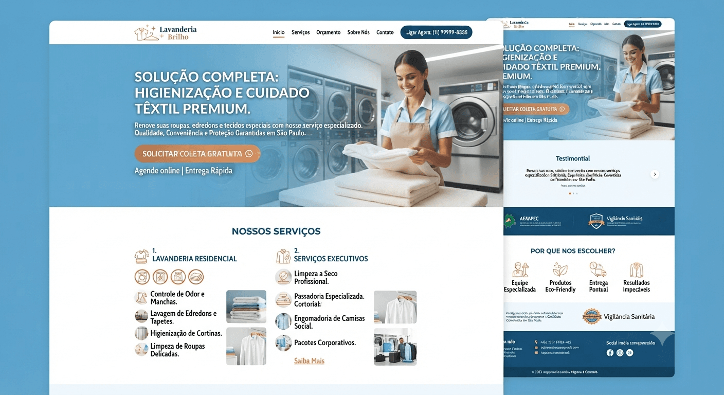 Landing page Lavanderia + Brilho — higienização e cuidado têxtil