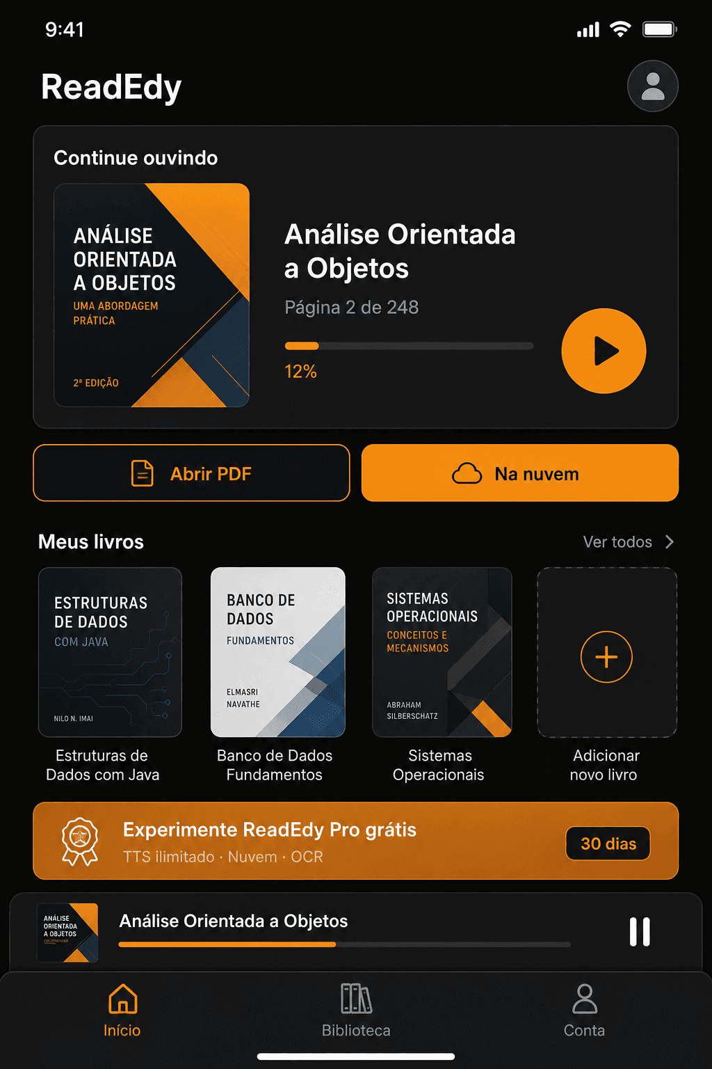 Tela inicial do readEdy com biblioteca de PDFs